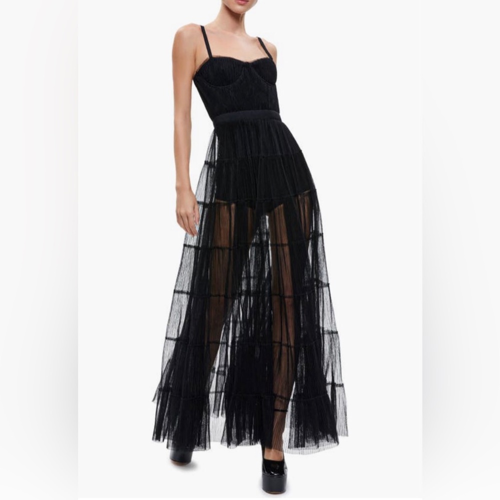 NWT $695 Alice + Olivia Deena Pleated Maxi Dress in BLACK, size 10! - Picture 3 of 5